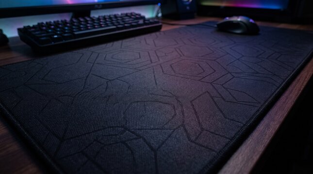 Premium gaming mousepad texture, dark textured rubber surface, subtle geometric patterns, soft neon reflections, realistic material details, minimalist esports aesthetic, seamless background