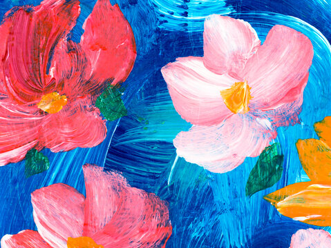 Abstract  red  flowers, original hand drawn, impressionism style, color texture, brush strokes of paint,  art background.