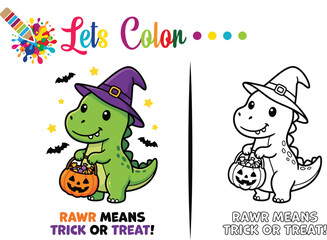 Fototapeta premium Cute Halloween Dinosaur with Candy and Pumpkin Color and Outline Illustration Set 
