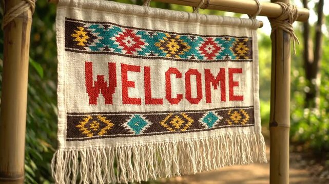 Textile 'WELCOME' sign with colorful patterns on bamboo in nature