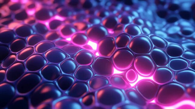Cellular organic texture with dark rounded nodes radiates a bright neon pink glow through interconnected light pathways in a futuristic digital rendering.