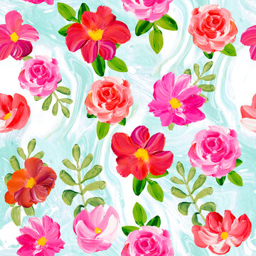 Seamless pattern of abstract pink flowers, original hand drawn