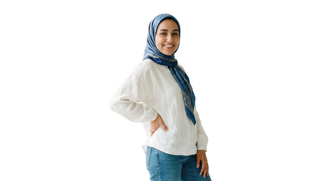 Portrait of smiling woman in blue hijab and white blouse, studio isolated on white, modest fashion lifestyle concept