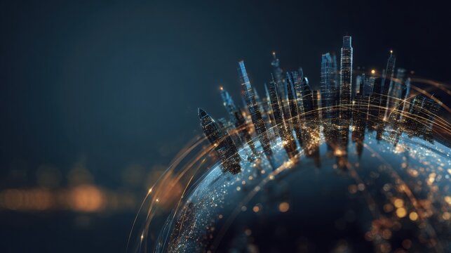 Luxury corporate technology concept, glowing miniature skylines of major global cities connected by elegant luminous lines across a transparent