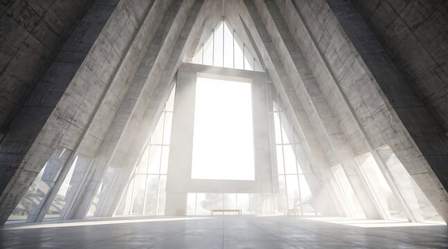 Triangular attic window with curtains.