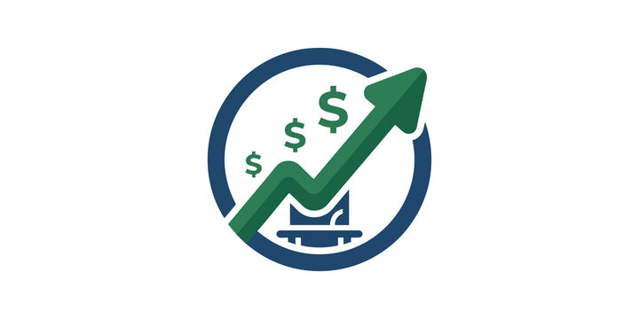 financial growth and investment icon with dollar signs and upward arrow.