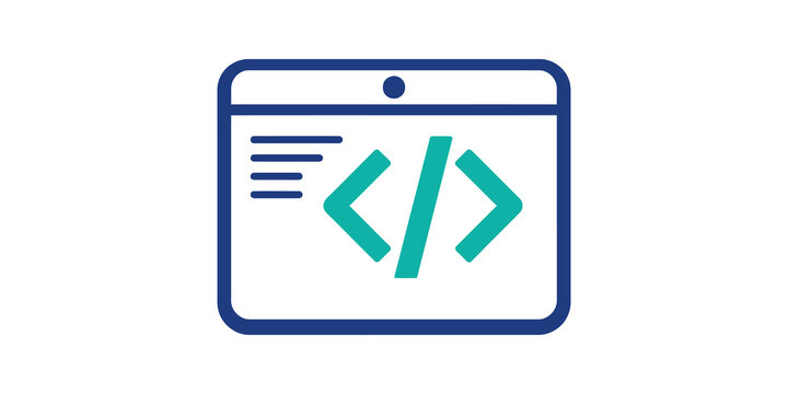 Software development screen icon featuring blue and teal coding symbols.