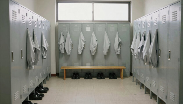 Empty changing room with work jackets and safety shoes in a Japanese workplace