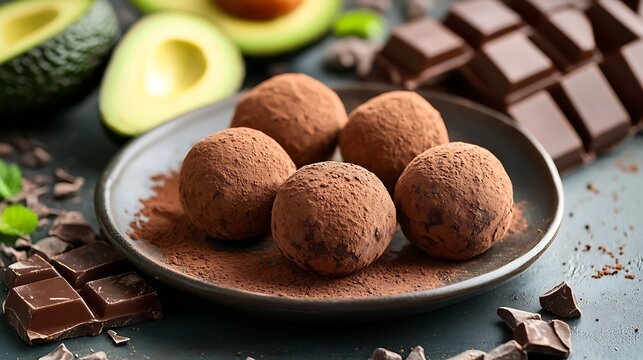 Delicious Chocolate Truffles Coated in Cocoa Powder on a Dark Plate Close Up View