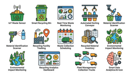 Fototapeta premium Smart Recycling and Fleet Management Icon Set with Waste Sensors