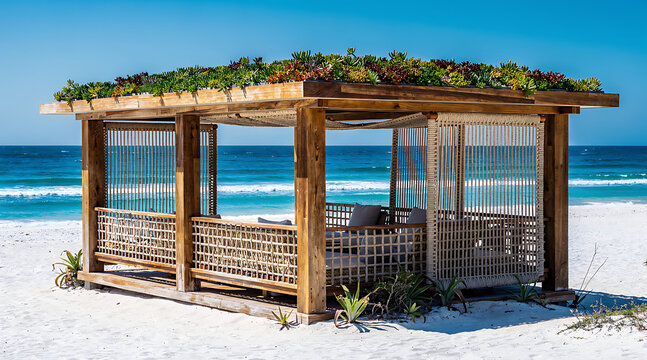 Beach hut with green roof.