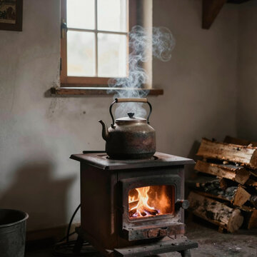 Cast iron kettle steaming on a wood burning stove in a quiet room
