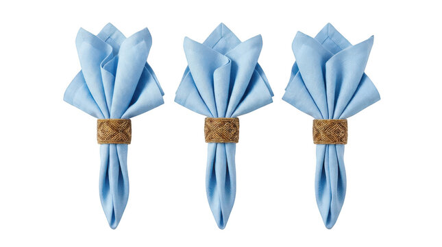 Set of three blue fabric napkins with beaded rings isolated on transparent background