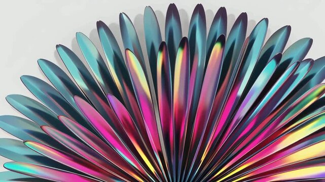 Metallic colorful flower fan displays vibrant rainbow iridescent petals arranged in a graceful half circle over a clean bright light studio background.