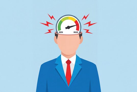 Businessman with high stress level gauge on head representing mental pressure and burnout.