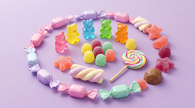 Colorful gummy bears and assorted sweet candies arranged in a circle on the table