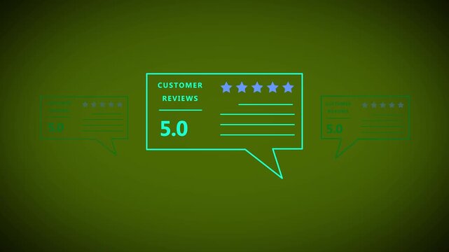 Five star customer review rating animation with glowing speech bubbles for business feedback testimonial