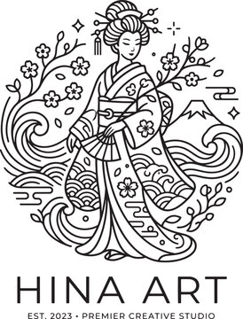 Japanese geisha line art logo, traditional kimono woman with cherry blossoms and Mount Fuji, minimalist oriental vector illustration