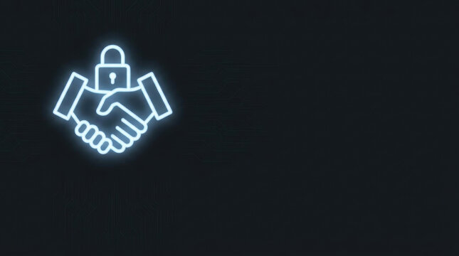 Glowing handshake with padlock on a dark circuit background. Secure partnership, data protection, cybersecurity, digital trust, and technology concept with copy space.
