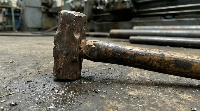 Heavy Duty Heavy Used Metal Sledgehammer with Wooden Handle on Industrial Floor sledgehammer heavy metal tool wooden handle floor construction masonry repair work close up detail industrial manual