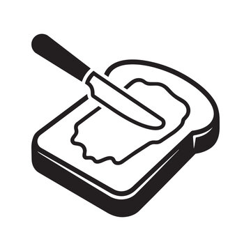 Black and white vector icon of butter spread on bread slice with knife