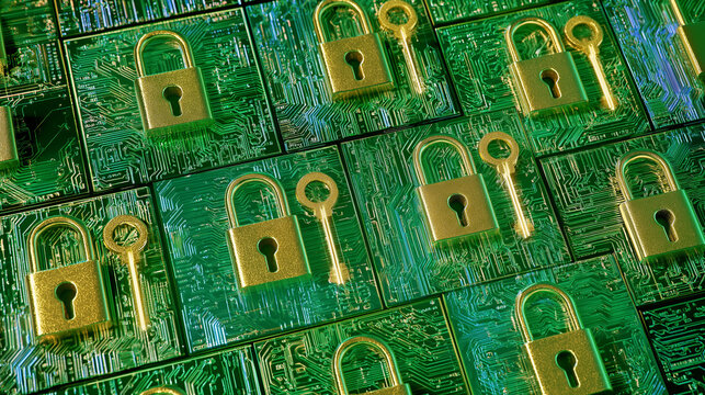 Golden Padlocks and Keys on Circuit Board Pattern: A close-up shot of numerous golden padlocks and keys arranged on a textured background resembling a circuit board.