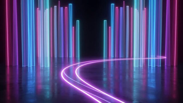 Neon light pillars cast vibrant pink and blue illumination onto a sleek dark reflective floor, creating a futuristic virtual stage for digital presentations.