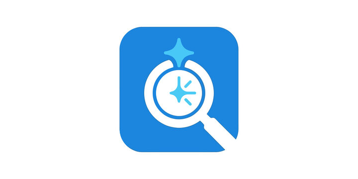 Magnifying glass over star sparkle blue icon for research discovery app.