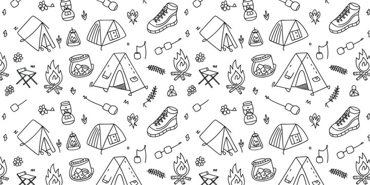 Hand drawn camping gear seamless pattern vector background, outdoor tent bonfire line art wallpaper design