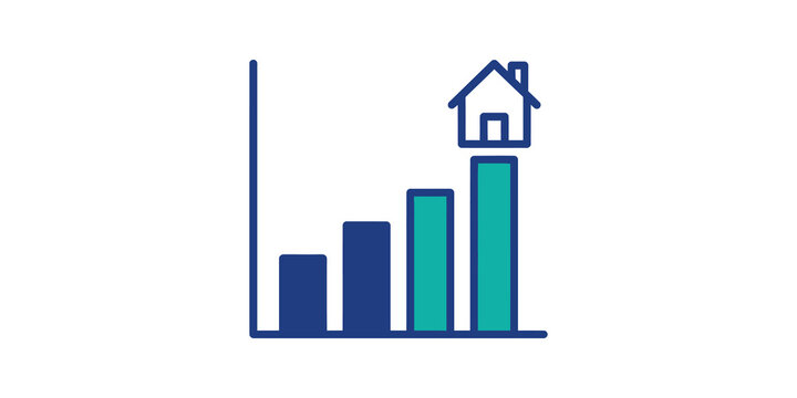 Home investment bar graph with blue and teal pillars and house icon.
