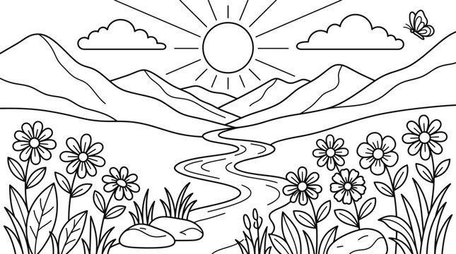 A beautiful landscape coloring page featuring mountains a bright sun clouds a winding path and many blooming spring flowers