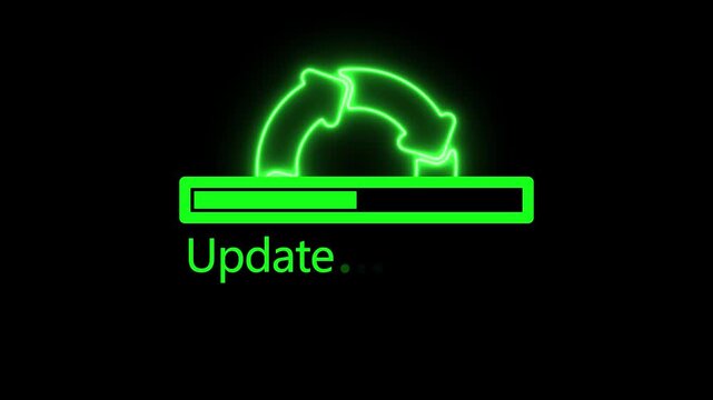 Neon green system update progress bar with rotating refresh on black background, loading