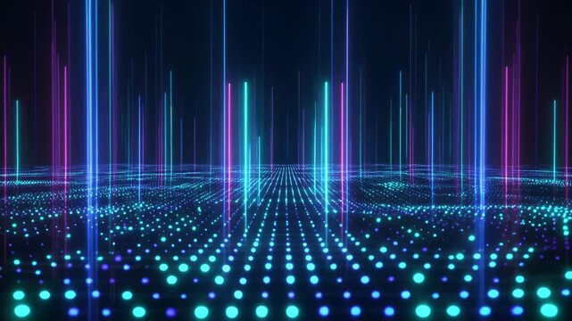 Futuristic data visualization landscape composed of vibrant cyan dotted floor patterns and glowing vertical light trails stretching across a dark virtual matrix.