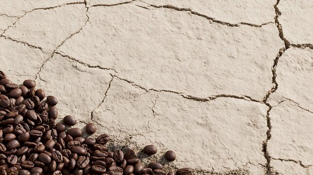 Roasted coffee beans arranged beside deep cracks in parched soil, representing drought-driven crop losses, coffee supply disruption, commodity inflation and rising consumer prices