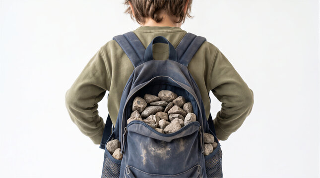 back view of a schoolboy carrying a blue backpack completely filled with heavy stones isolated on white background, school overload, heavy homework burden, child stress and emotional weight concept