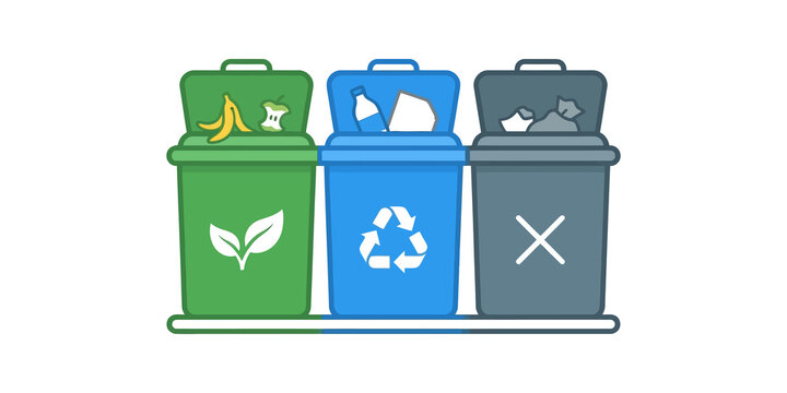 Sorted waste bins in three colors for eco friendly waste management system.
