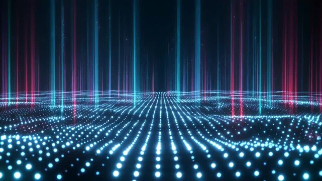 Digital technology background featuring an illuminated perspective grid of blue glowing dots with vertical neon light rays extending into a vast dark cyber space.