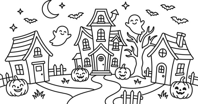 A spooky halloween night scene with haunted houses friendly ghosts smiling pumpkins and a crescent moon a delightful coloring page for kids