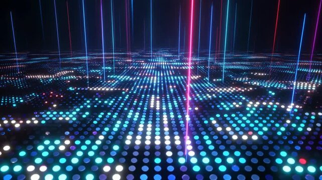 Digital dot grid matrix projects vivid vertical light beams across a dark perspective plane to represent big data processing and futuristic cyber technology.