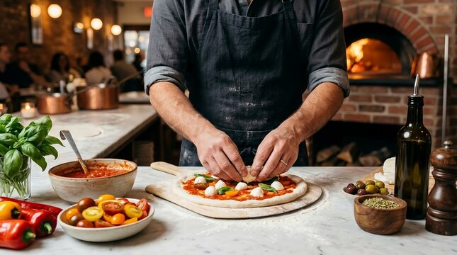 Pizza Maker Adding Fresh Mozzarella and Basil to Homemade Pizza Dough