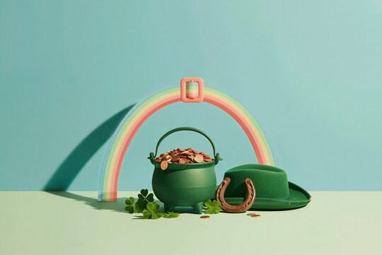 Cast iron pot brimming with gold coins on a wooden surface, featuring a felt hat and horseshoe for St Patricks Day and pub promotion with copy space