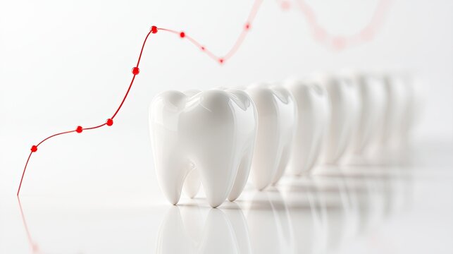 A line of white teeth against a white background with a red graph