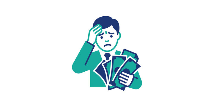 Stressed businessman holding money blue green flat icon for finance worries.