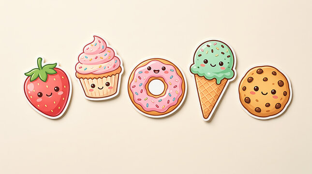Cute cartoon dessert stickers set featuring strawberry cupcake donut ice cream cookie