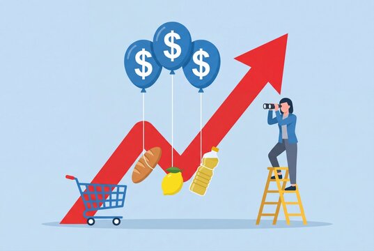Person looking at rising food prices and inflation with a shopping cart and growth chart