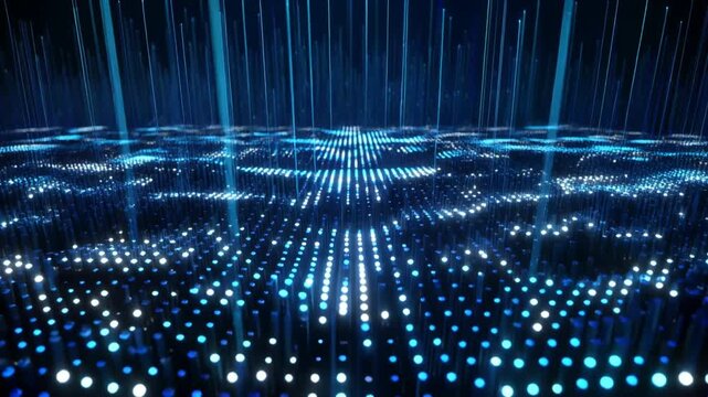 Digital data grid featuring glowing blue light particles and vertical beams forms a futuristic technology abstract background for network visuals.