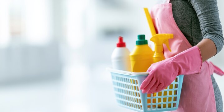 Person in pink gloves and apron holding basket of cleaning supplies