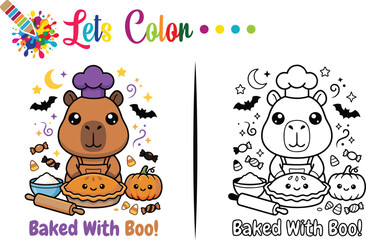 Naklejka premium Cute Halloween Capybara Baking Coloring Page with Pumpkin 