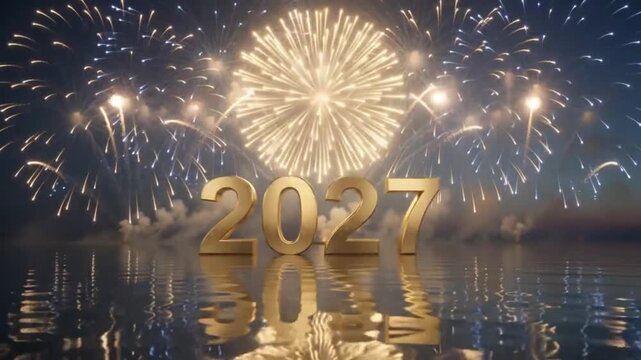 Happy new year 2027 celebration with golden 3 d numbers and vibrant fireworks display over calm water reflection for festive holiday backgrounds and event openers