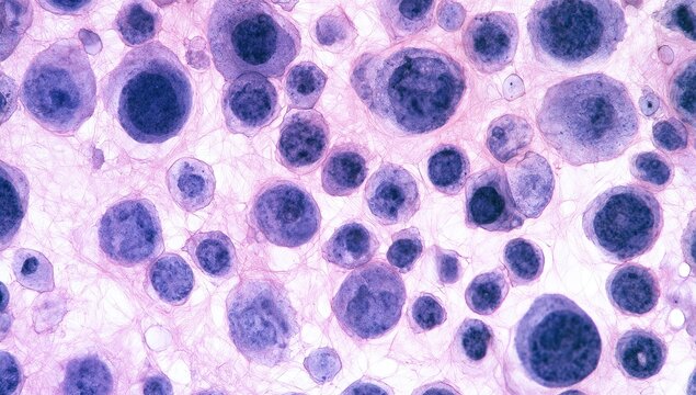 Microscopic view of abnormal cells with large, irregular nuclei and pinkish background